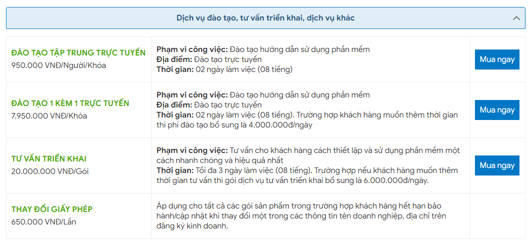 Dịch vụ đào tạo, tư vấn triển khai, dịch vụ khác