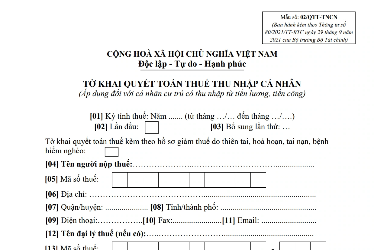 Tờ khai mẫu 02/QTT-TNCN