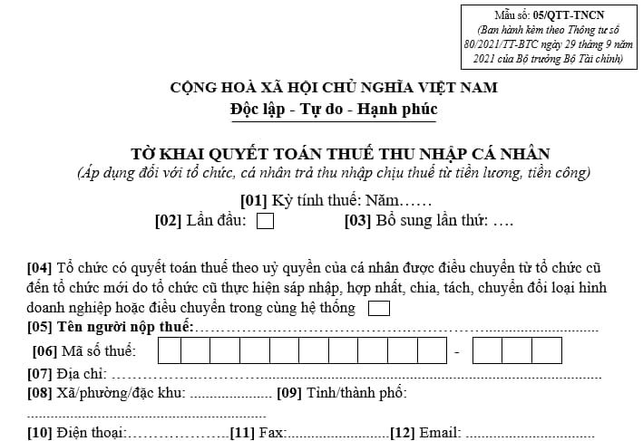 Tờ khai mẫu 05/QTT-TNCN