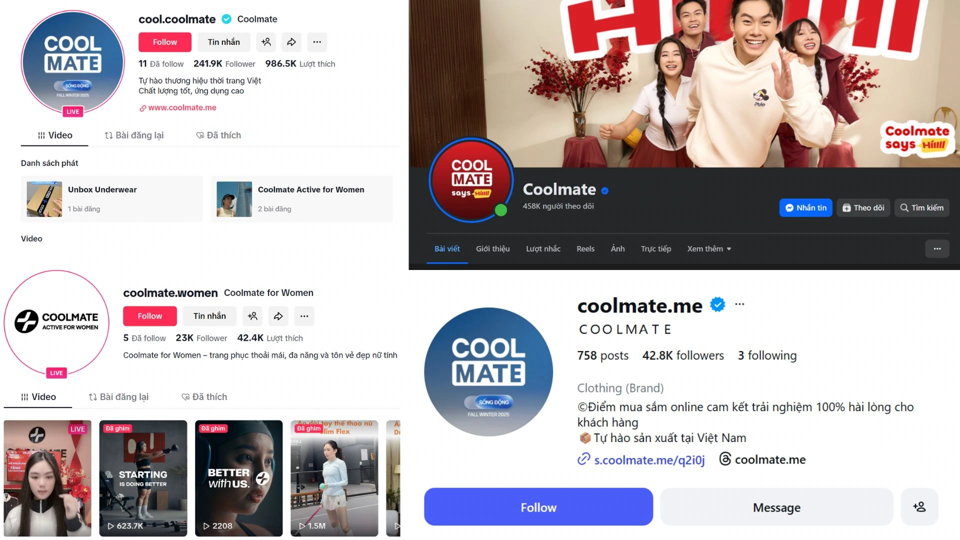 Các kênh trên nền tảng mạng xã hội của Coolmate