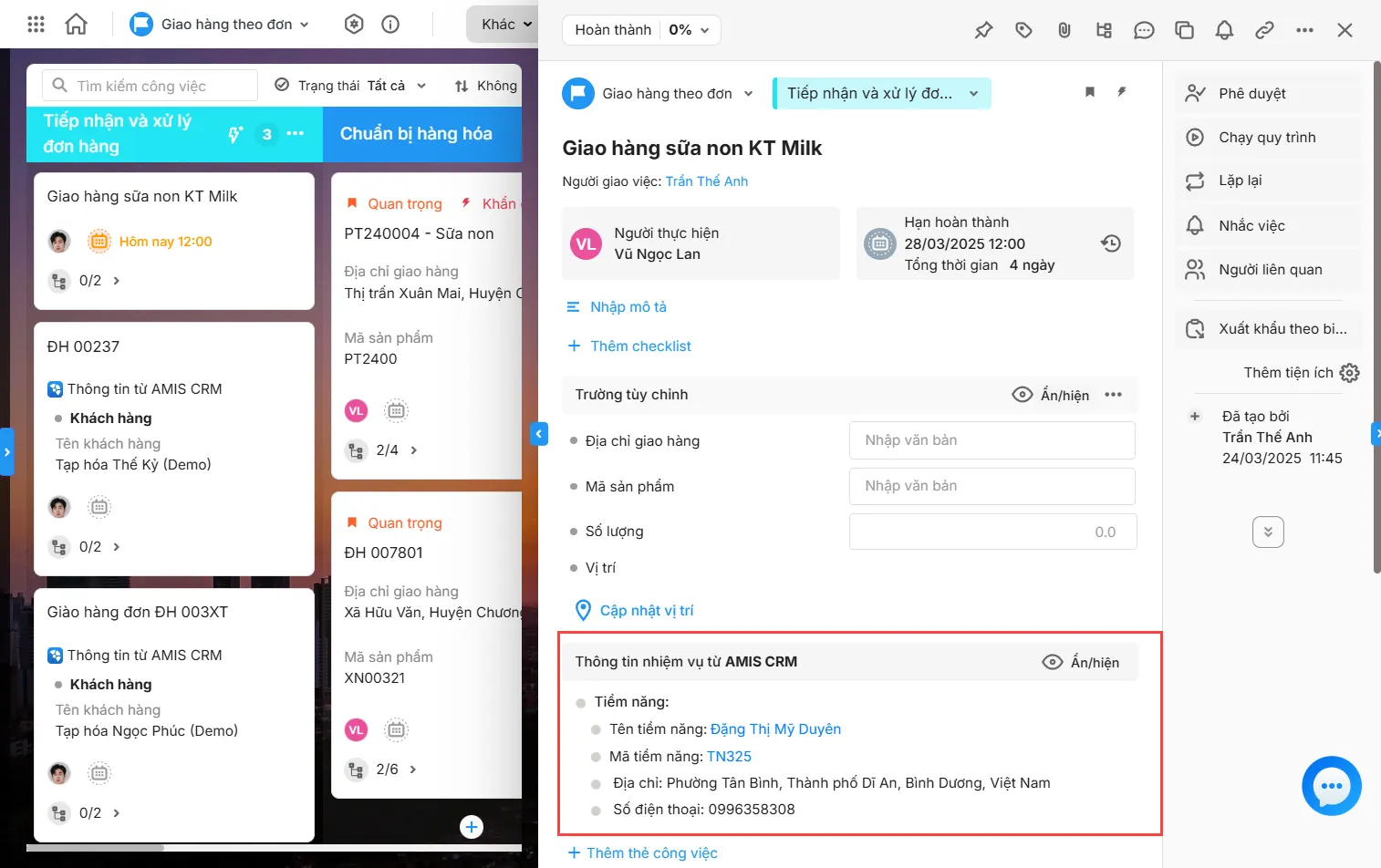 Giao diện khi thao tác trên MISA AMIS Công việc